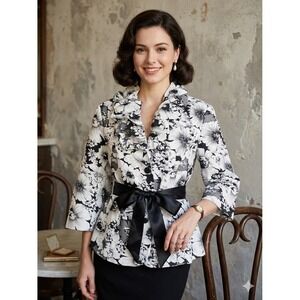 Adrianna Papell Evening Jacket Womens 16 Black White Excellent Floral Ruffle Bow